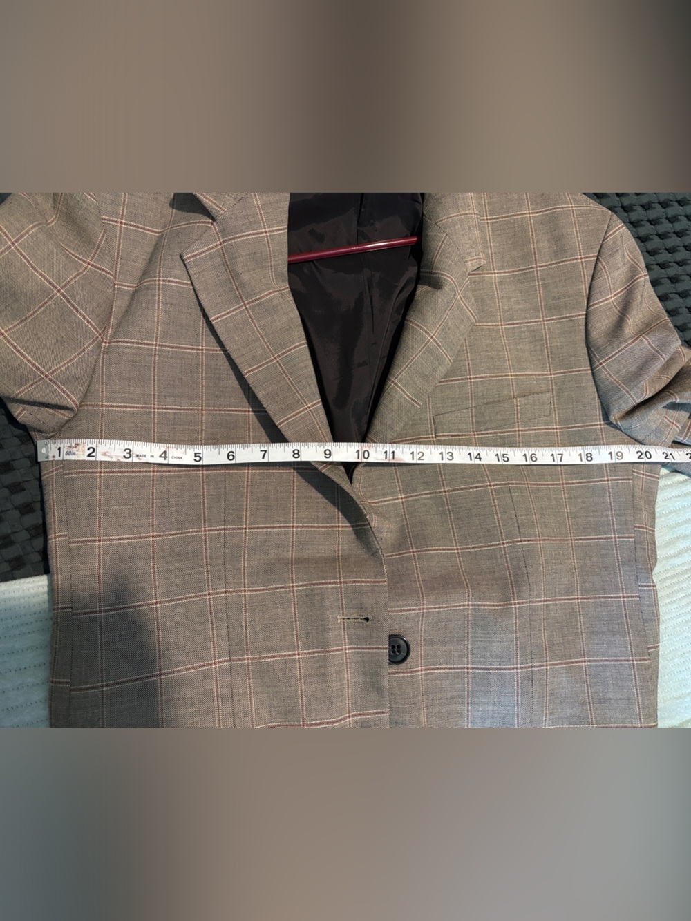 FRAME Women’s Plaid Windowpane Blazer L Gray Taupe Red Tailored - Picture 11 of 13